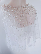 Women Bride Girl Pearl Beaded Dress Shoulder Lace Veil Tulle Shawl Poncho Cape Wrap Pure White