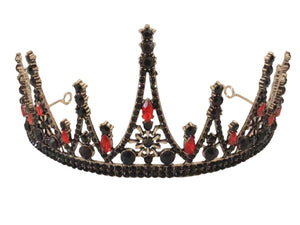 Gothic Queen Tiara with Black & Red Crystals - Vintage Crown for Events