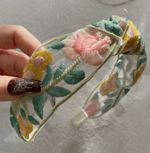 Embroidered Floral Mesh Headband – Pastel Vintage Wide Hairband for Women & Girls