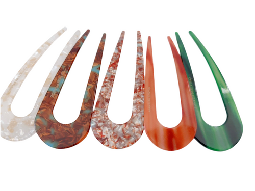 French resin hair forks in assorted marbled colors