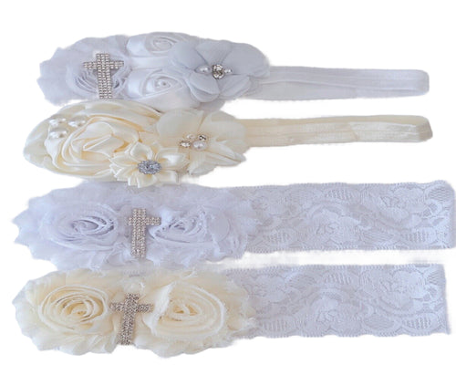 Baby Girls' Baptism Christening Headband - Elegant Christening Lace & Floral Cross Design