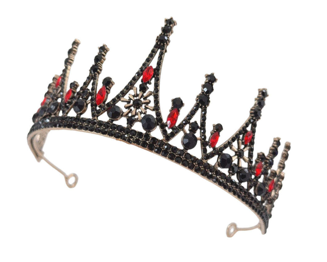 Gothic Queen Tiara with Black & Red Crystals - Vintage Crown for Events