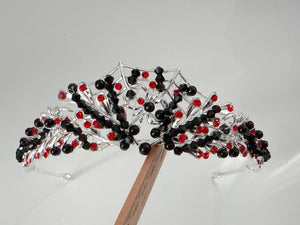 Women Gothic Black and Red Crystal Tiara – Spiderweb Design Halloween Crown for Women