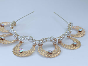 Gold Pearl Halo Headband – Elegant Bridal & Festival Crown with Rhinestone Details