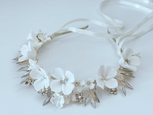 White Floral Bridal Headband – Handmade Wedding Hairpiece