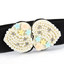 Women Lady Heart Stretch Crystal bling Pearl Flower Heart Waist Band Belt wrap Black