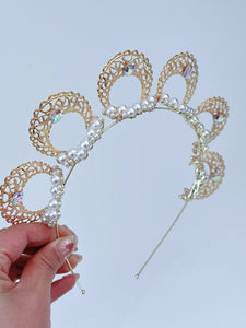Gold Pearl Halo Headband – Elegant Bridal & Festival Crown with Rhinestone Details