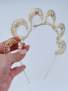 Gold Pearl Halo Headband – Elegant Bridal & Festival Crown with Rhinestone Details