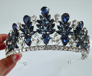 Navy Blue Crystal Tiara – Regal Rhinestone Crown for Bridal & Prom