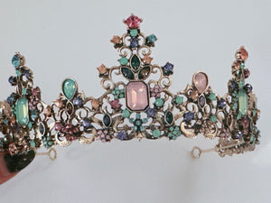 Pastel Color Rainbow Crystal Queen Tiara – Retro Bronze Headband for Women