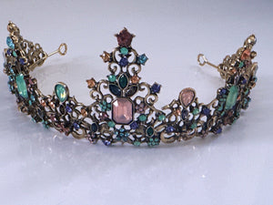 Pastel Color Rainbow Crystal Queen Tiara – Retro Bronze Headband for Women