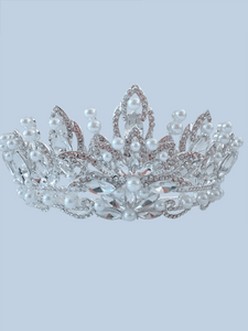Silver Crystal Bow Pearl Tiara - Elegant Tiara for Weddings & Events