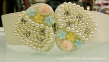 Women Lady Heart Stretch Crystal bling Pearl Flower Heart Waist Band Belt wrap White