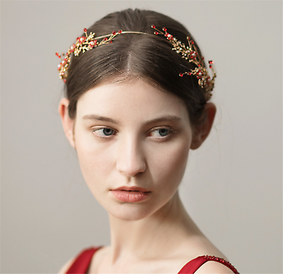 Women Girl Red flower Crystal Party Gold Hair Headband head Band PROP Garland