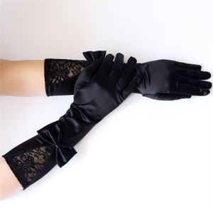 Women Opera Bride Hollywood Party Fancy Ball Wedding Satin Black Lace Bow Gloves