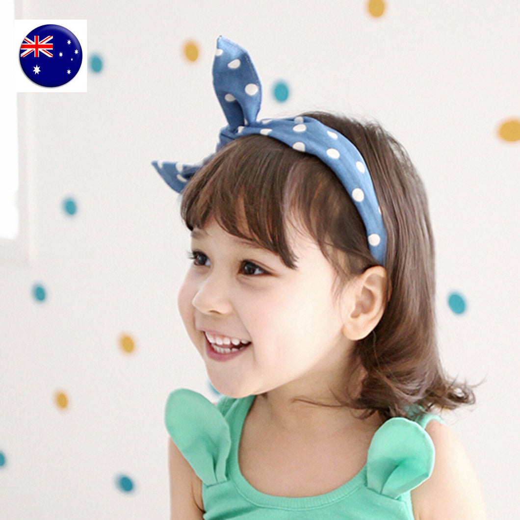 Lady Girls Kids Child Blue Denim Dots Ear Bow Party Hair Head band Headband Hoop