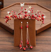 Women Red Bead Butterfly Hair Headband Garland Leaf  Tiara Fascinator Earrings