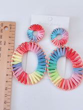 Women Raffia Beach Rainbow Colorful Multi-cloured Geometry Oval Big Earrings