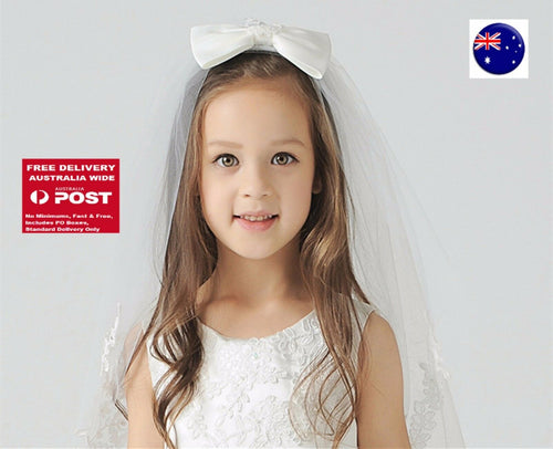 Flower Girls Kids Satin bow White Lace Wedding Bride maid Comb Hair head Veil