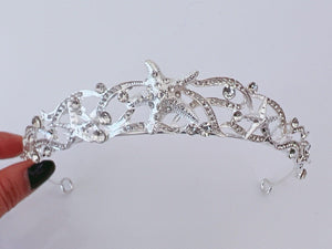 Women Girl Sea Star Crystal Rhinestone White Silver Color Party Hair Tiara Crown