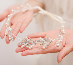 Women Silver Crystal Leaf Pearl Prom Wedding Bride Hair Head Band Headband Tiara
