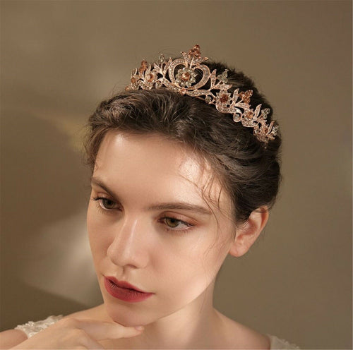 Women Rhinestone Crystal Heart Prom Party Hair Headband Rose Gold Crown Tiara