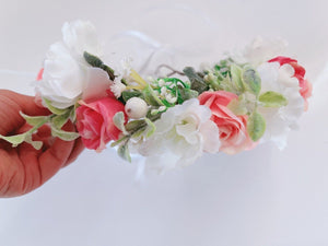 Women White Pink Rose Flower Girl Rustic Woodland Hair Headband Crown Garland