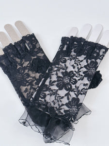 Women Teen Girl Hollywood Fancy Wedding Fingerless Short Trim Lace Black Gloves