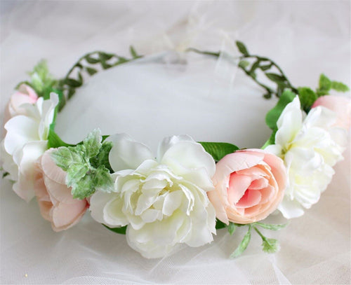 Women wedding Cream White Pink Halo flower Hair Headband Crown Garland Wreath