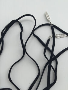 Women retro BOHO Black Syn Suede leather leaf choker Long Necklace tie up Straps