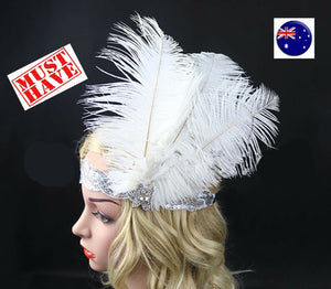 Women Lady retro White Feather Flapper Party Hair headband accessory fascinator