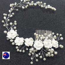 Women White Wedding Bride Bridal Pearl white Flower Party Hair Headband comb pin