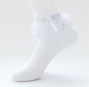 Women Girl Embroidery Pure White Ankle Ruffle Frilly Short Lace Cotton Socks Bow