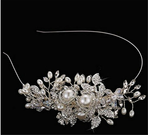Women Prom dance headpiece Bride wedding Pearl Silver Crystal hair band Headband