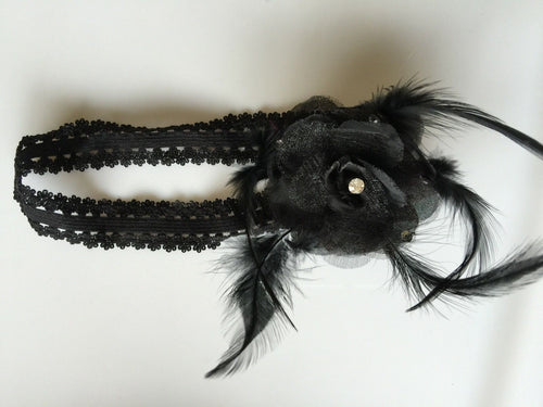 Baby Infant Girl Christening Shower Feather Flower headband Hair band prop Black