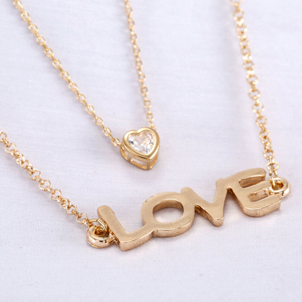 Women Lady Girl Gold Plated LOVE letter Heart 2 layer Necklace Pendant Gift her