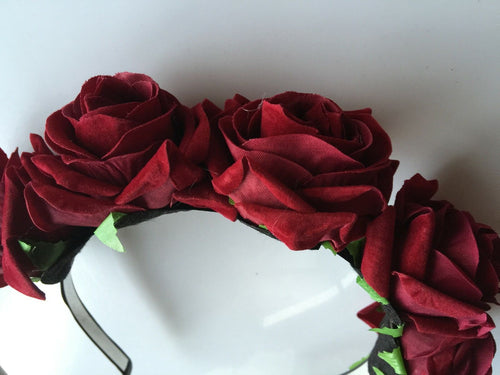 Women Girl BIG Rose Flower Wedding Beach Tiara hair headband Garland Hoop PROP Dark Red flower headband hoop design