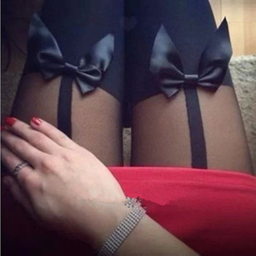 Women Lady Bow Bowknot Sexy Over knees Mock Suspender Stockings Tights Pantyhose