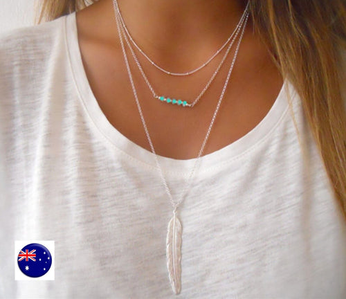 Women Lady Bohemian boho Silver color leaf 3 Layers blue beads Necklace Pendant