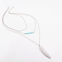 Women Lady Bohemian boho Silver color leaf 3 Layers blue beads Necklace Pendant