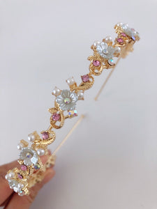 Women Little Flower Floral Gemstone Crystal Gold Hair Head Band Hoop Headband