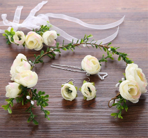 Women wedding Creamy White Flower Girl Hair Tiara Headband Garland earrings set