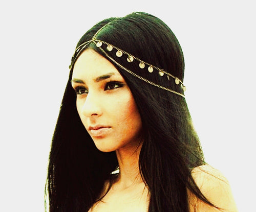 Women Gold color Metal Bohemian Belly Dance party Hair Head Cuff Headband Chain