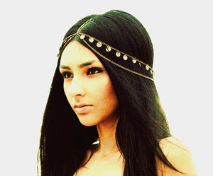 Women Gold color Metal Bohemian Belly Dance party Hair Head Cuff Headband Chain