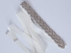 Women Cream White Crystal Rhinestone Prom Wedding Waist Dress Satin Sash Belt