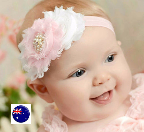 Child Girl Kid Baby Pink White Flower Lace Pearl Elastic hair band Headband PROP