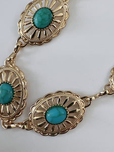 Women Gold Tone Retro Bohemian Turquoise Blue Chain Dress Slim Belt