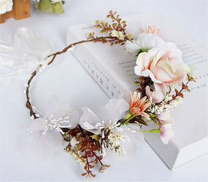 Women Beige Pink flower Girl Bride wedding Party hair Headband Garland Tiara