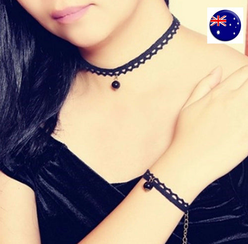 Women Lady retro Black Cotton Lace Pearl Harajuku Short Choker Necklace+bracelet