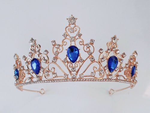 Women Royal Blue Crystal Rhinestone Queen Party Gold Hair Headband Crown Tiara